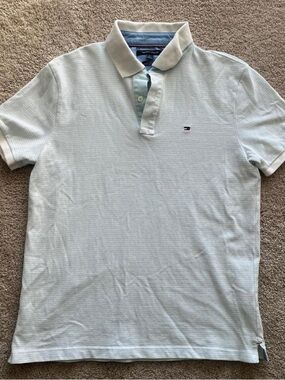 Tommy Hilfiger Men's Light Blue Striped Polo Shirt. Size M.